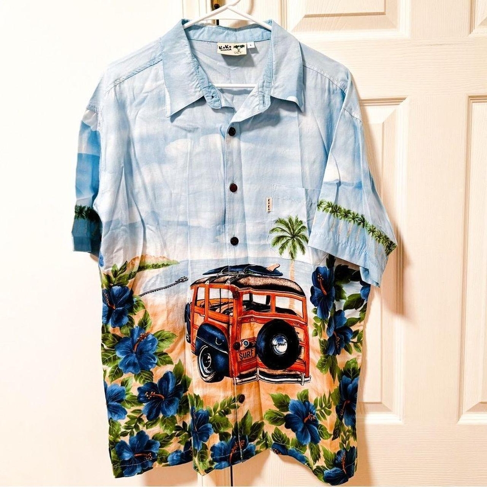 Blue Hawaiian Shirt with Red Car Design